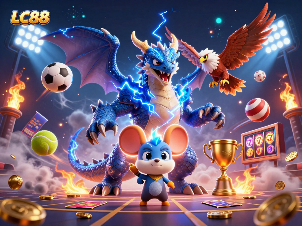 Engage with LC88's thrilling gaming world featuring dynamic 3D characters and casino elements.