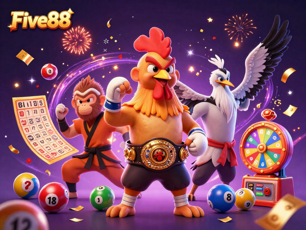 Experience Five88's vibrant lottery action with a Muay Thai rooster, Shaolin monkey, and wise crane in celebration.