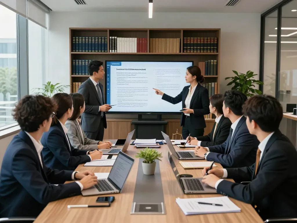 Lead Roedl legal team collaborating on international law strategies in modern office