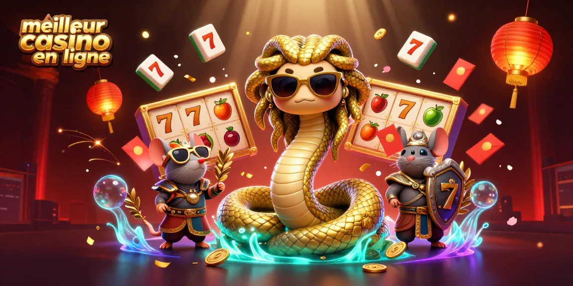 Plongez dans l'univers du meilleur casino en ligne avec une illustration dynamique de Méduse et un guerrier souris, entourés d'éléments ludiques.