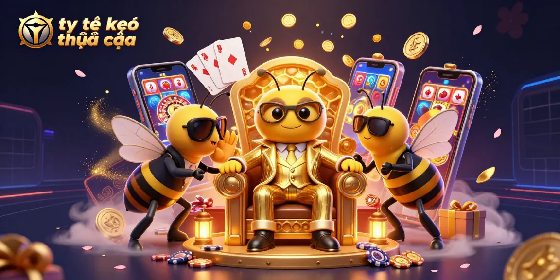 Engage with tỷ lệ kèo nhà cái in a vibrant 3D scene of a bumblebee mob boss among casino elements.