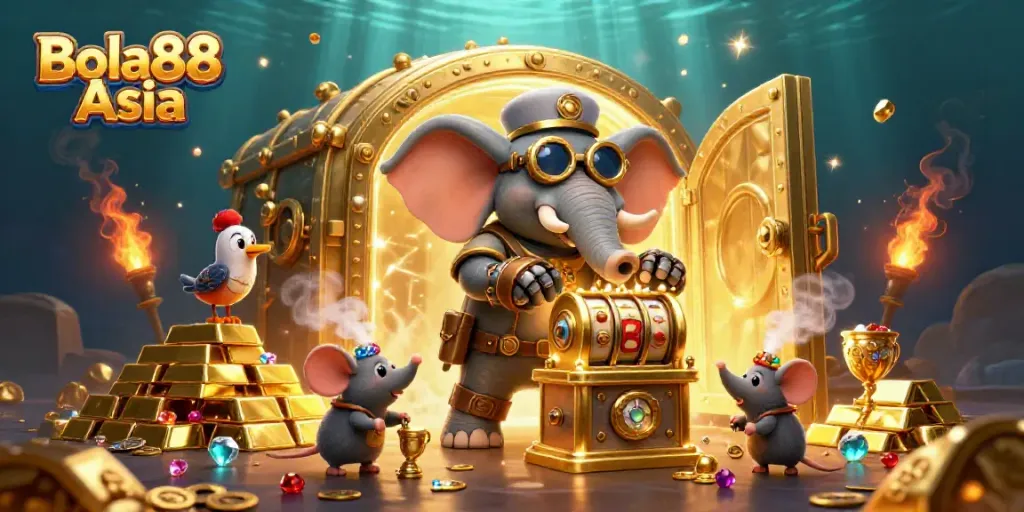 Engage in thrilling jackpots at Bola88 Asia with steampunk characters amid treasure and winnings.