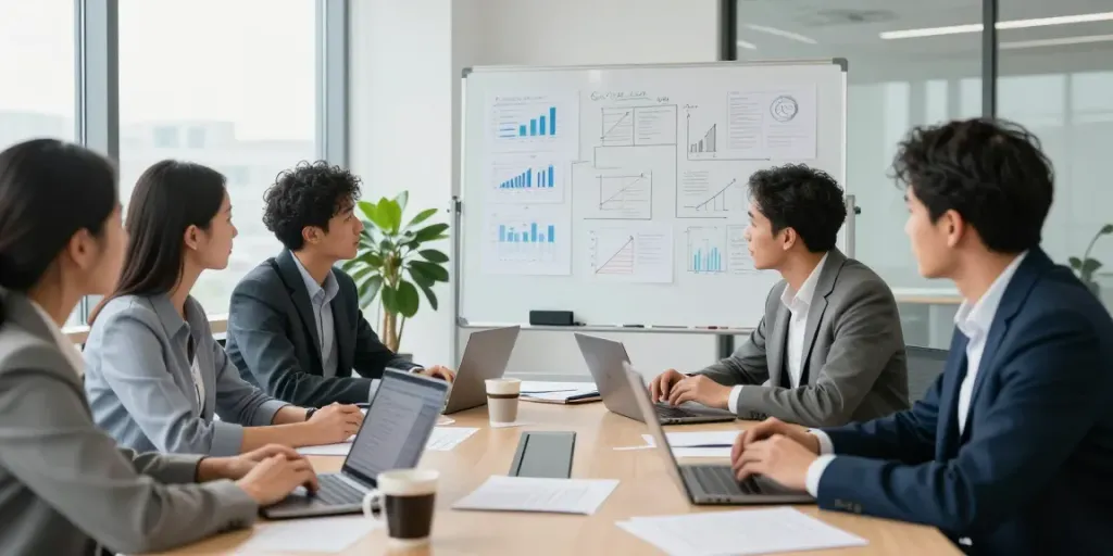 Business professionals collaborating in a modern office, showcasing distressed business advisory strategies for recovery.