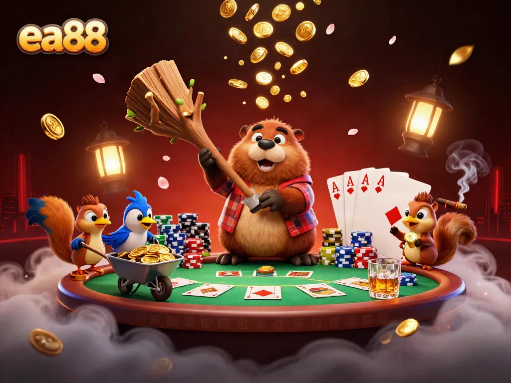 Hình ảnh mô tả ea88 với chú beaver cầm búa tạo ra đồng tiền vàng trong một cảnh quan sống động.