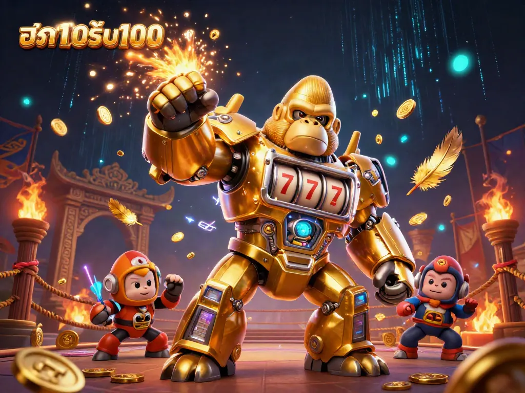 ฝาก10รับ100 โปรโมชั่นคาสิโน แสดงภาพของหุ่นยนต์ทองคำที่เป็นเครื่องสล็อตพร้อมโบนัสสุดคุ้ม