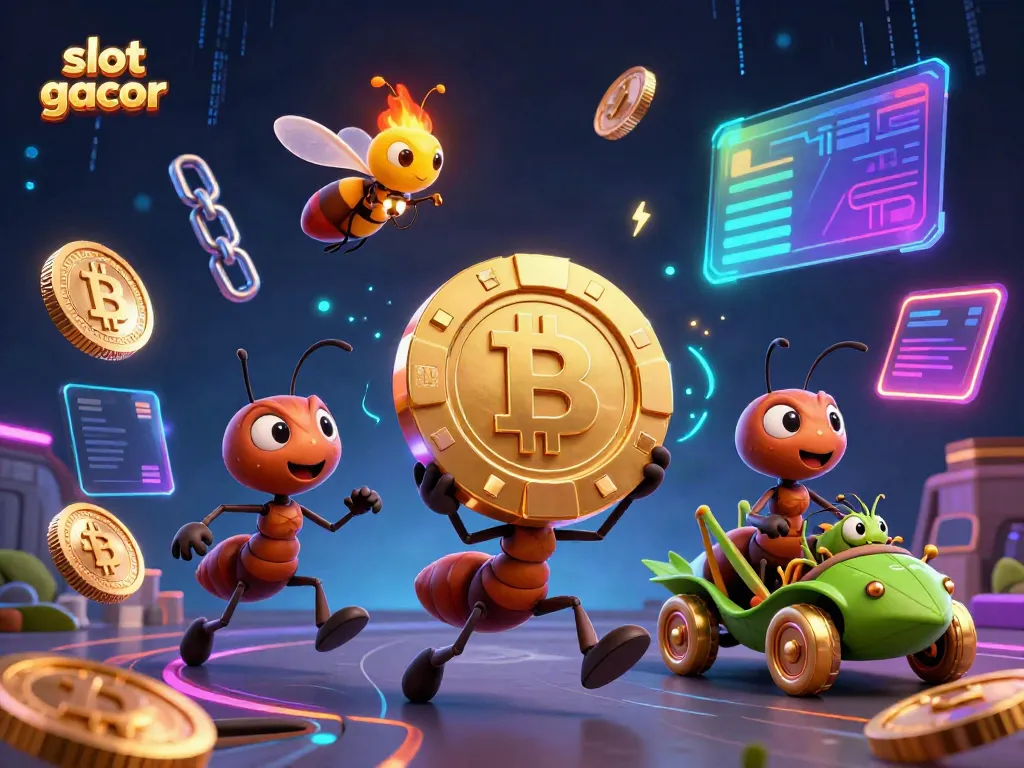 Engaging scene of ants carrying a large poker chip and celebrating the joy of playing slot gacor.