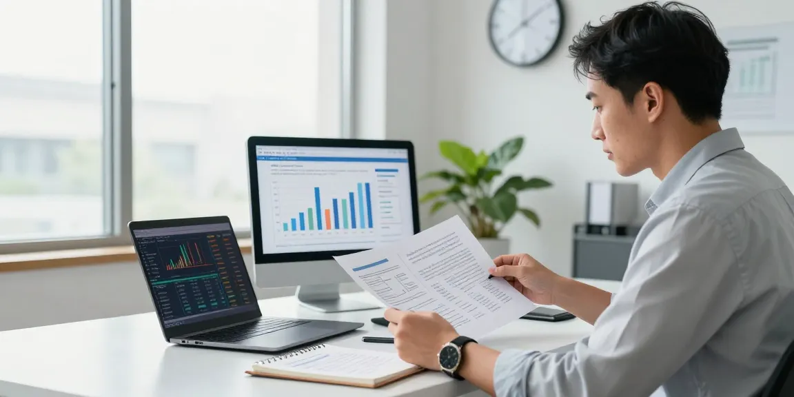 Entrepreneur analyzing SBA loan to buy a business in a modern office setting with market data.