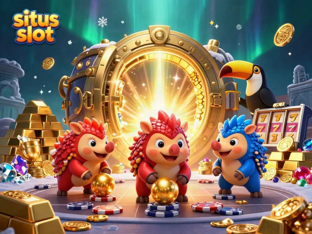 Ilustrasi kartun tiga dimensi dari situs slot dengan pangolin rival bermain dan tumpukan chip poker.