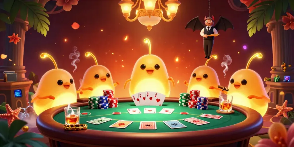 Experience the vibrant world of nhà cái 8kbet with glowing glowworms lighting a lively casino scene.