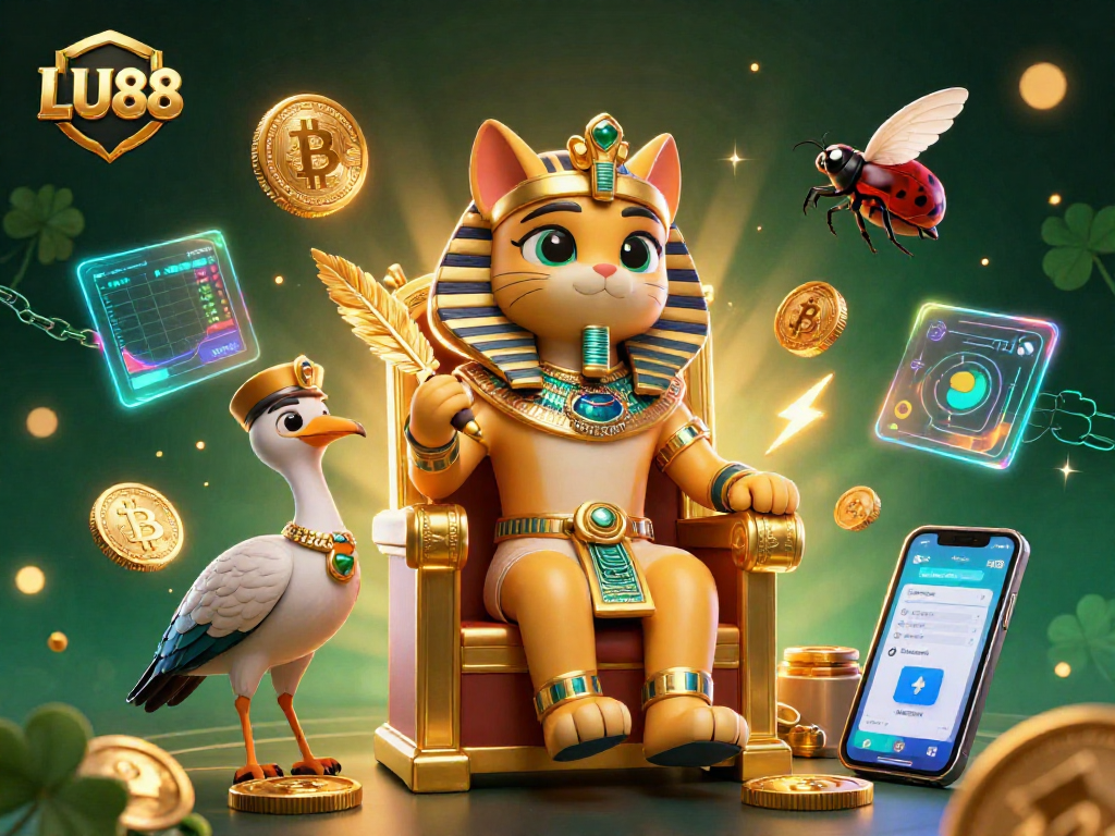 LU88's regal pharaoh cat character unlocking crypto wins amid vibrant casino elements.