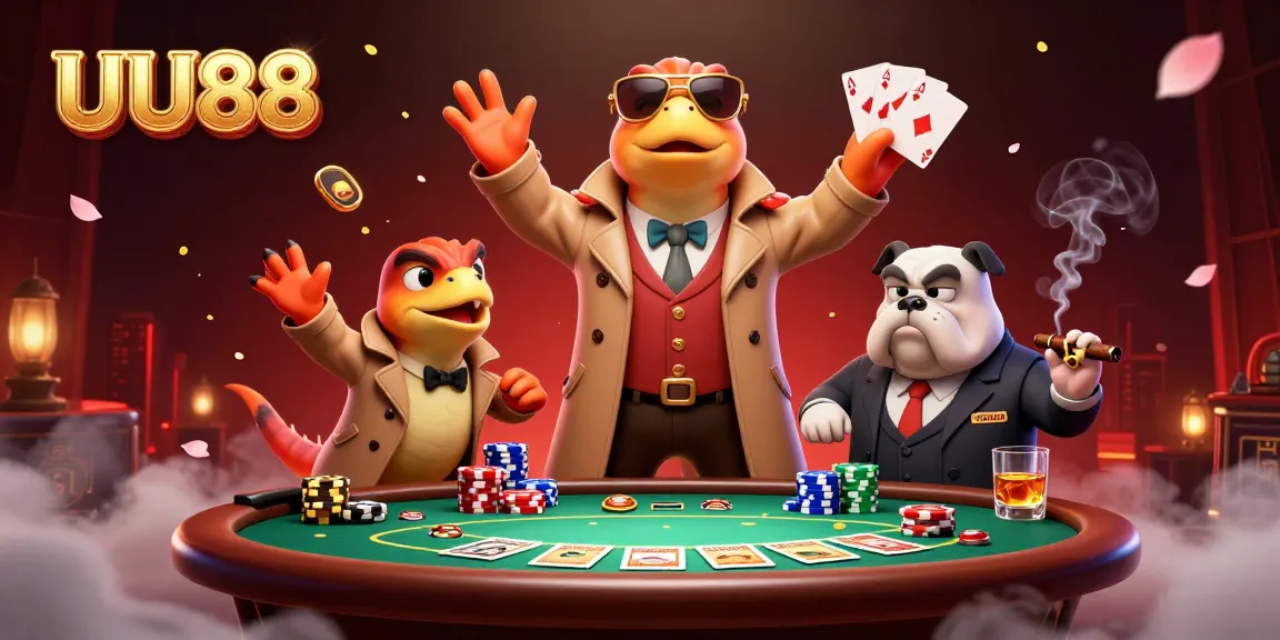 UU88 portrays raptors disguised to access high-stakes poker in a casino, showcasing vibrant gambling elements.