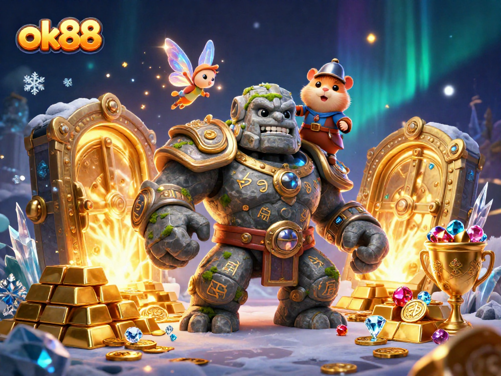 Engage with ok88's magical gaming adventure featuring a stone golem guardian, fairy, and hamster knight among riches.