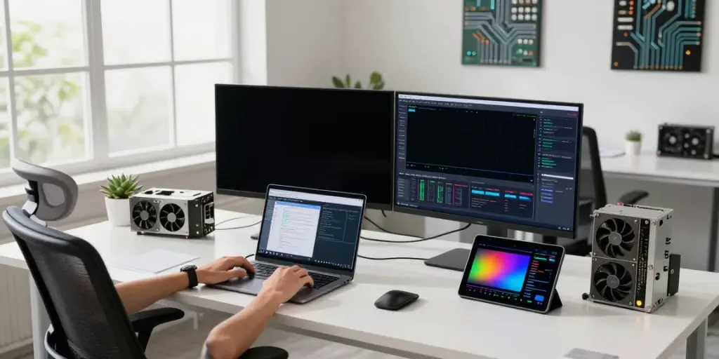 Engineer examining GPU computing metrics in a modern tech workspace