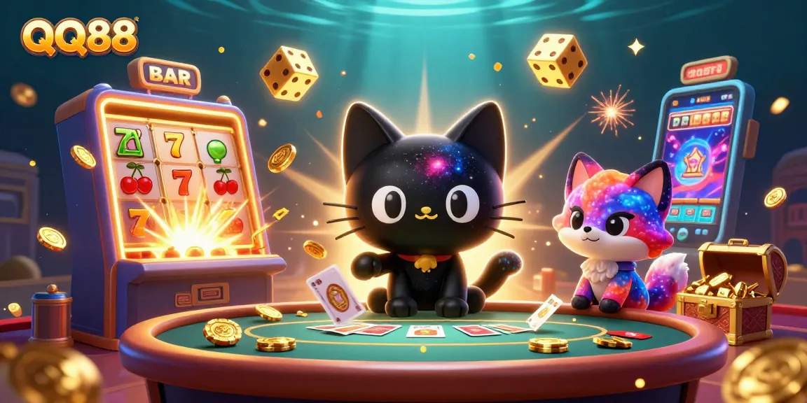 Engage with QQ88's vibrant casino universe, showcasing a black hole cat and a nebula fox amidst dynamic game elements.