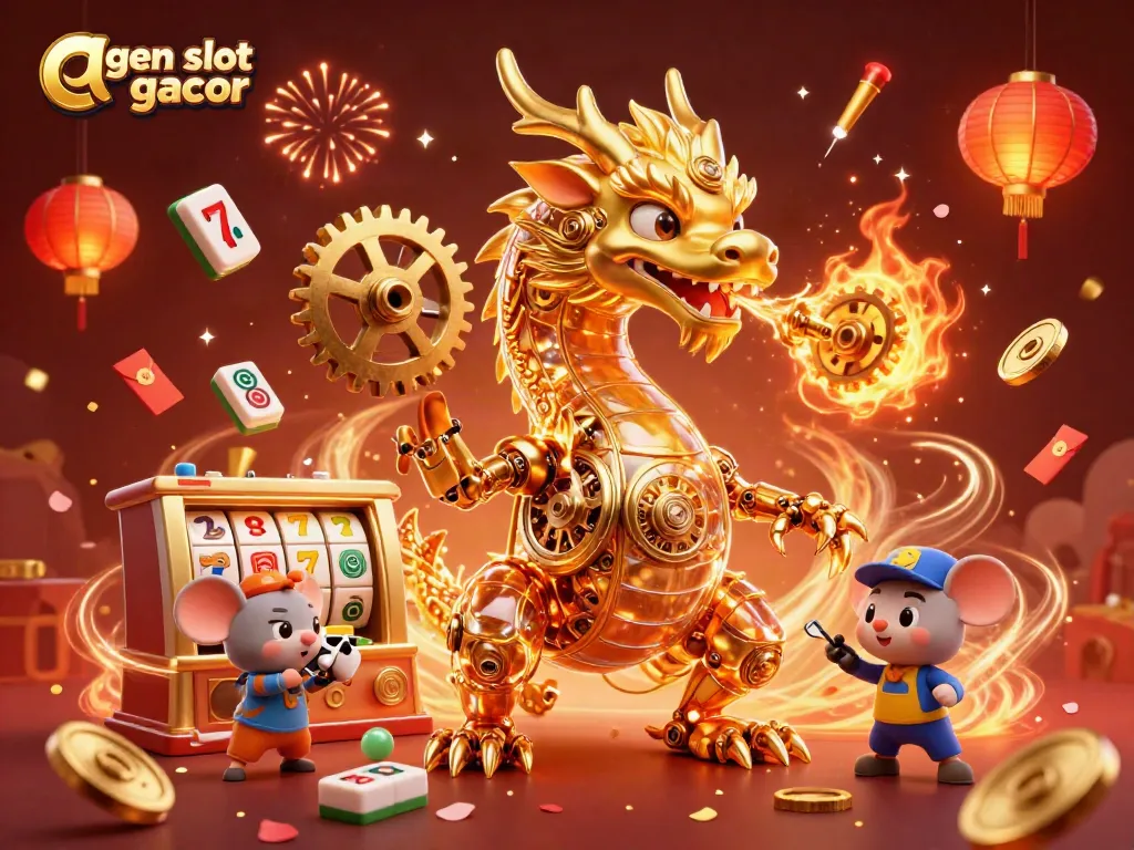 Experience thrilling action with the agen slot gacor dragon amidst vibrant casino elements and fireworks.