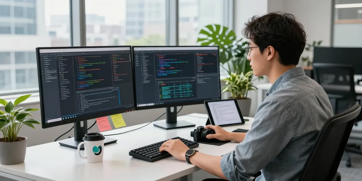 Dynamic tech workspace with developer coding on dual monitors and project notes, showcasing bdtjl in a vibrant urban setting.