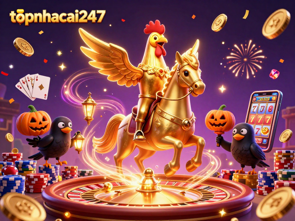 topnhacai247 offers a vibrant casino scene with golden rooster characters and sparkling gameplay elements.