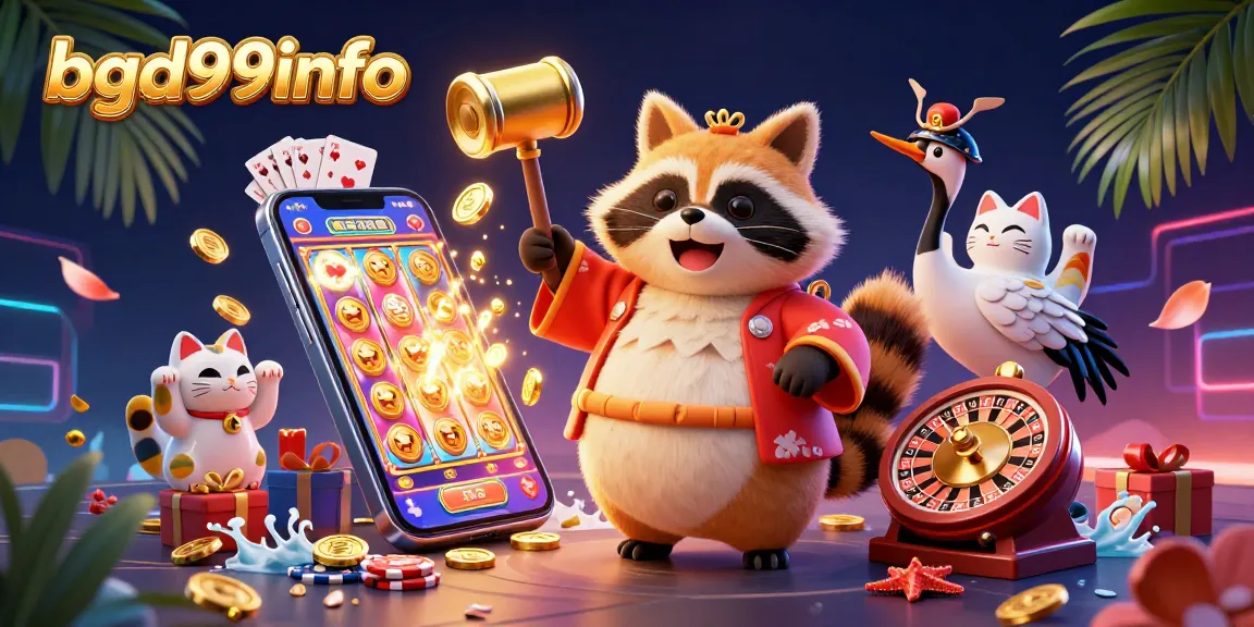 Engage with bgd99info's vibrant scene showcasing a cheerful tanuki, a crane, and waving maneki-neko amidst dynamic gambling elements.