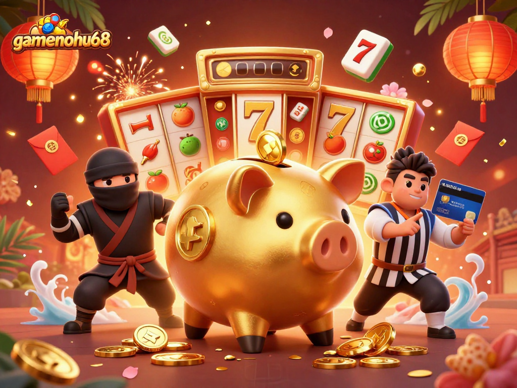 Experience thrilling jackpots with gamenohu68's vibrant casino illustration featuring slot reels and playful characters.