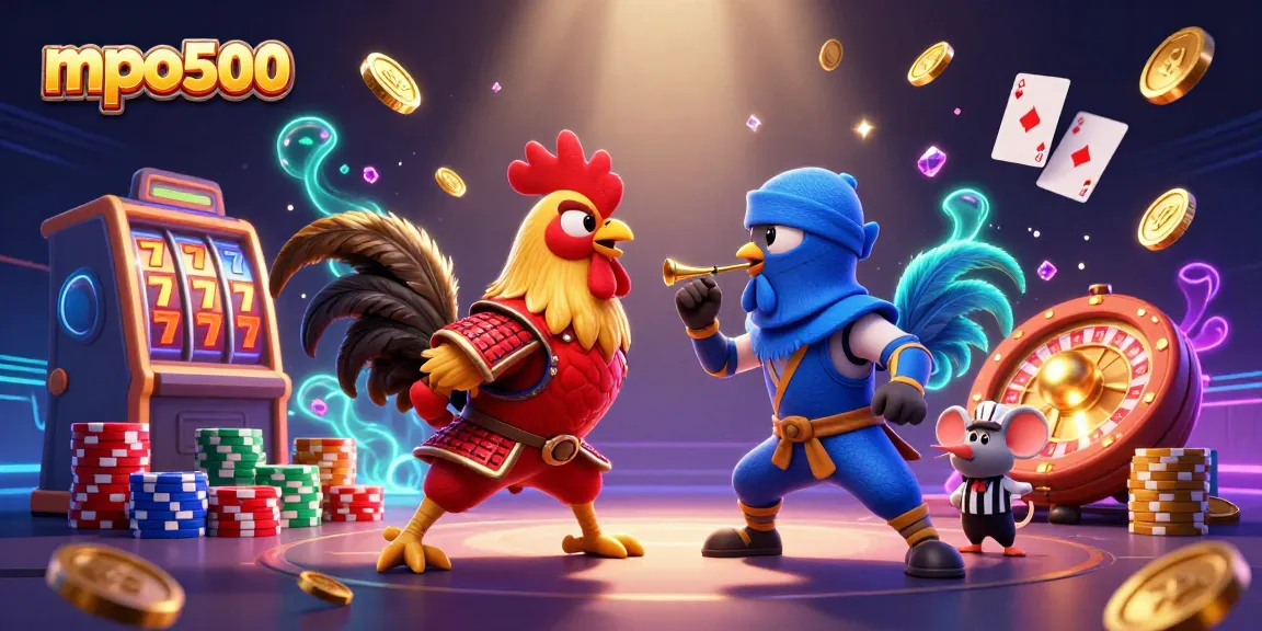 Experience mpo500's thrilling gameplay with dynamic fighting roosters and vibrant casino elements.