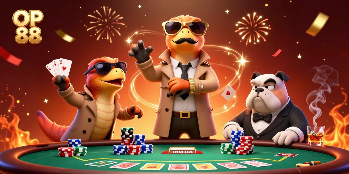 Engage with thrilling action at OP 88 featuring cartoon raptors in a casino scene with poker elements.