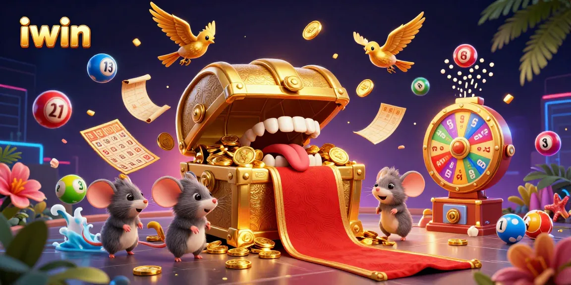 iwin's thrilling lottery scene showcases animated treasure chest and vibrant game elements raining down.