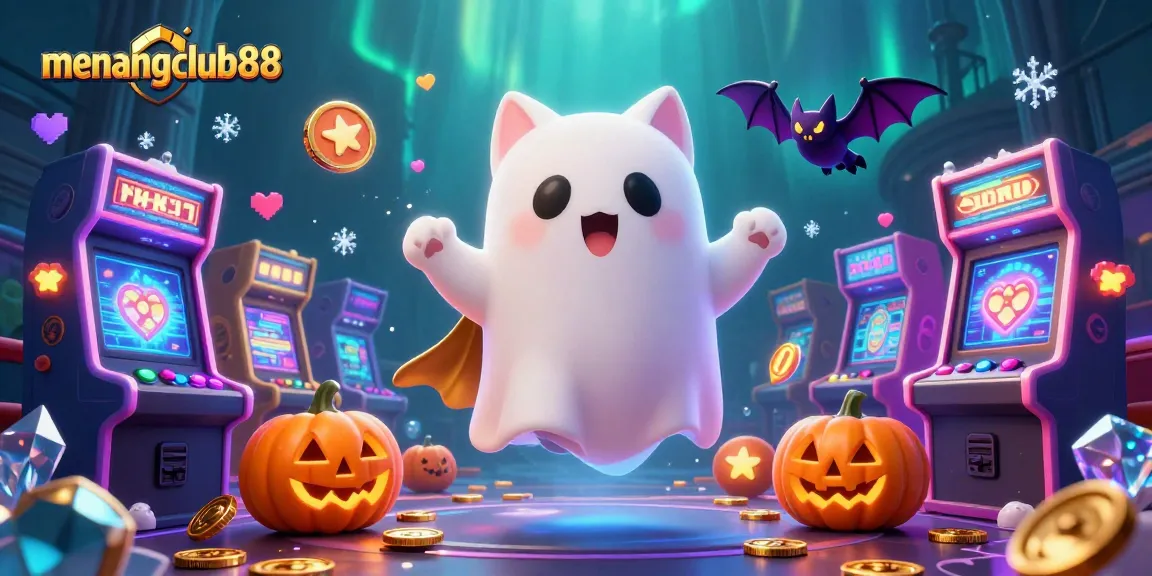 Engage with the casino excitement at menangclub88 featuring a ghost cat and vampire bat amidst glowing gaming machines.