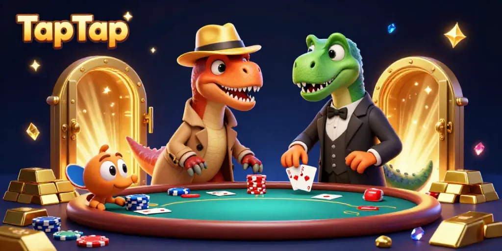 Experience TapTap’s vibrant casino world with a velociraptor card counter in a poker scene.
