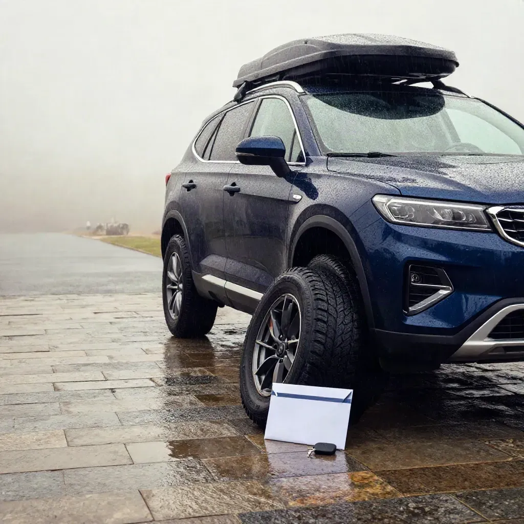 Midnight-blue SUV on wet stone driveway with key fob, tire, and registration envelope at dawn.