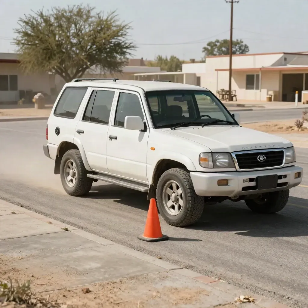 White SUV turning in a dusty Texas county lot beside an orange cone, seen from very low angle.