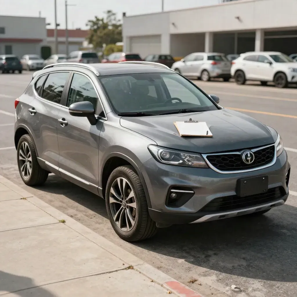 Slate-gray used SUV with spare tire and clipboard at a curbside lot