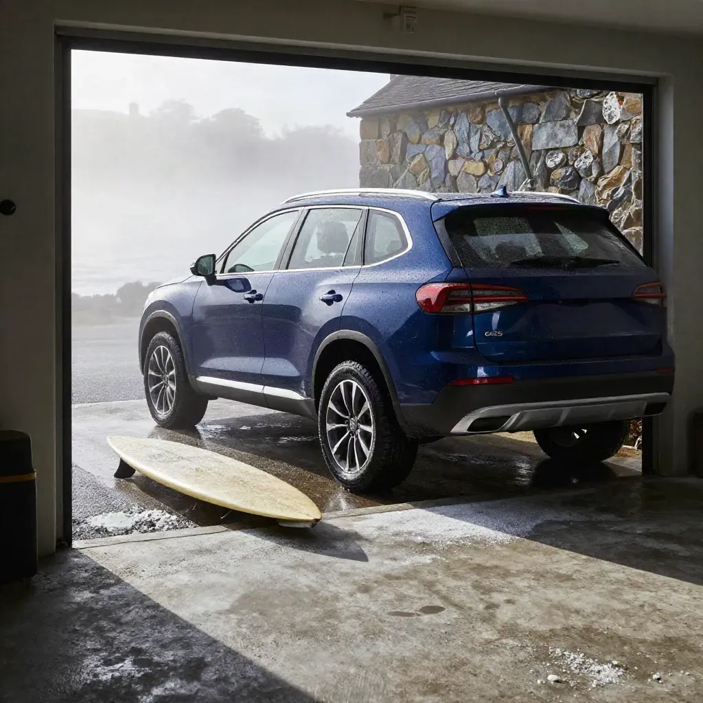 Deep blue SUV in a misty coastal garage, low rear view, morning light brightening.