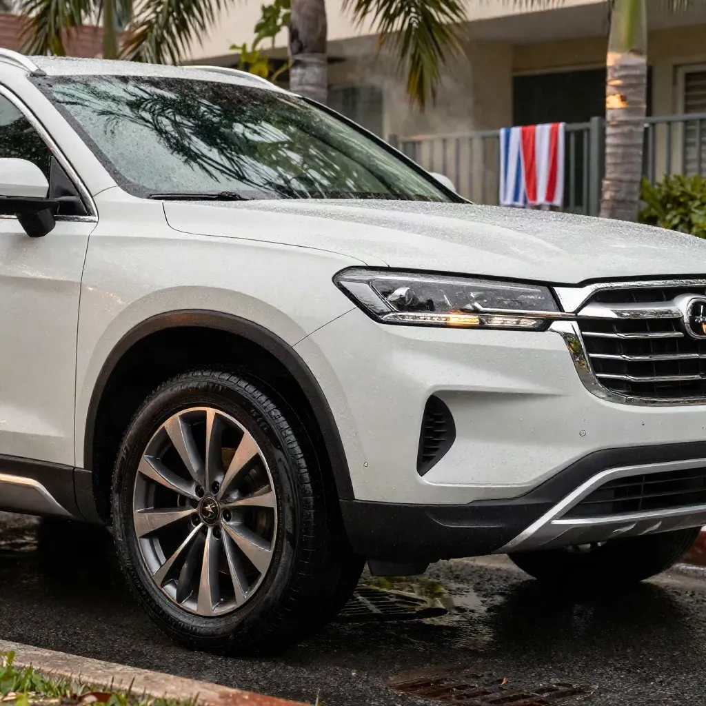 White SUV by a palm-lined condo after rain, taillight catching sun, wet lane steaming.