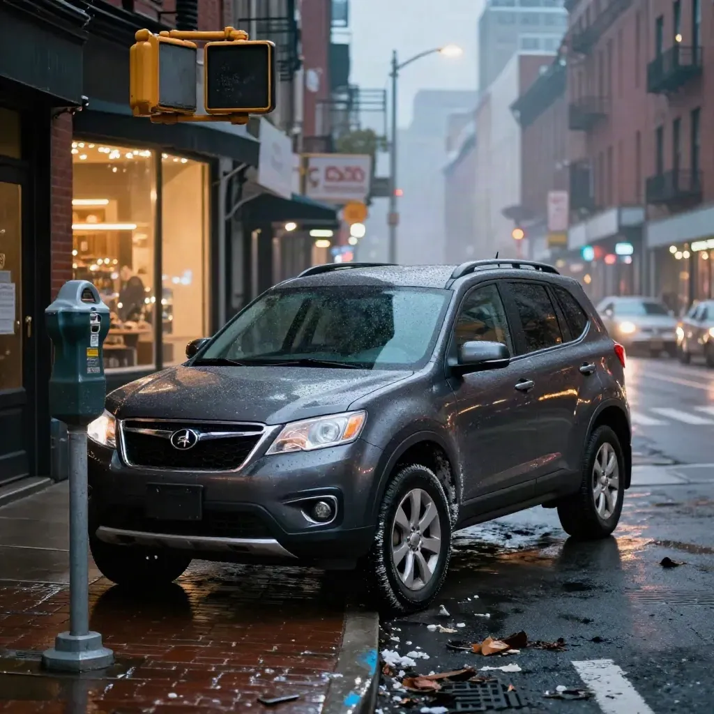 Dark compact SUV braking at a slushy New York curb at blue hour, with brick reflections and mist.