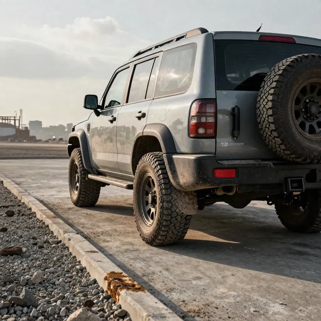 Low rear SUV on concrete by gravel, mud drying under broken late-afternoon light.