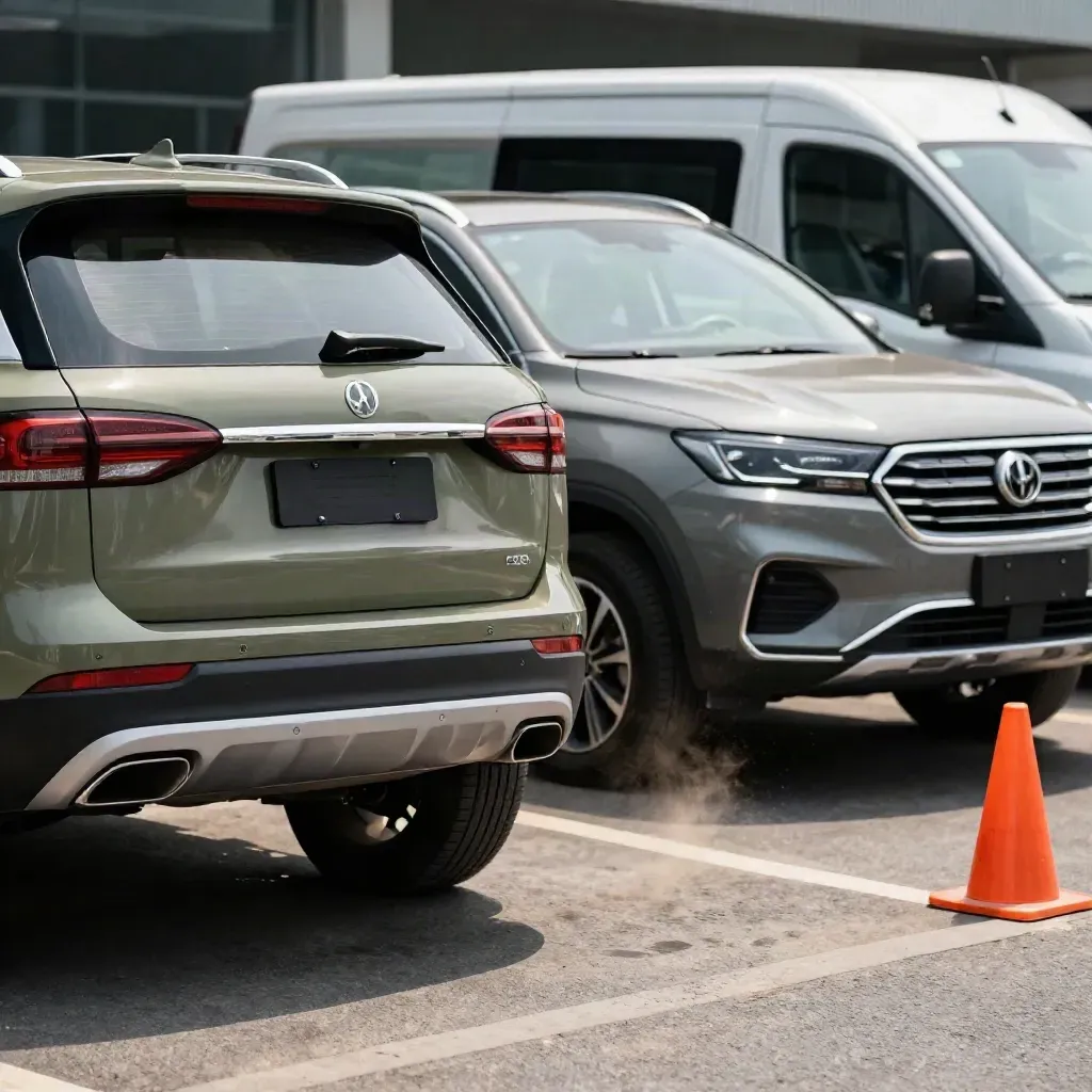 Two SUVs in a dealership lane split by a passing service van, one with a temp holder, one with a plain frame.