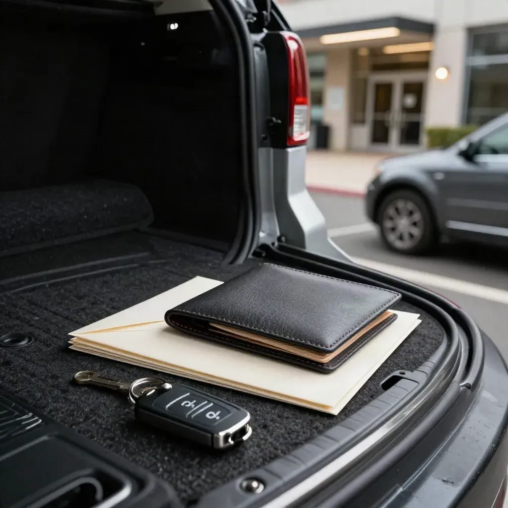 Open SUV hatch with DMV paperwork, envelopes, and key fob beside a civic building.