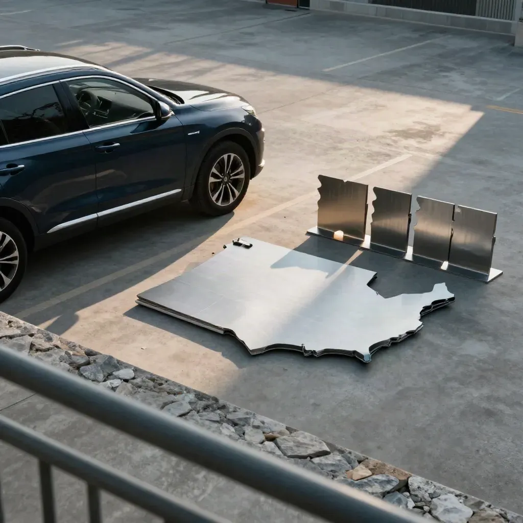 Top-down SUV beside a map case and metal state markers in a warm garage bay at late afternoon.
