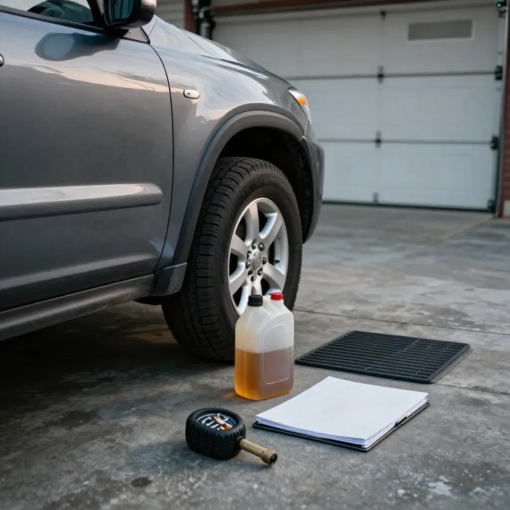 SUV ownership items on a concrete garage floor as the door closes at dusk