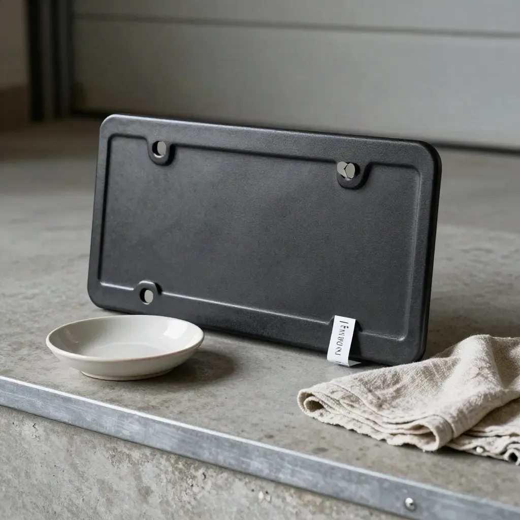 Matte black license plate bracket, registration tab clip, ceramic dish and folded linen on concrete.