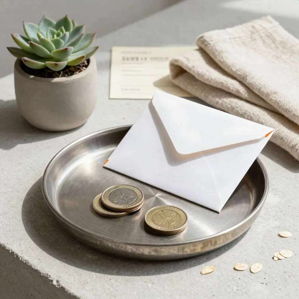 Brushed-metal coin tray with stacked coins, succulent, and envelope sleeve on stone