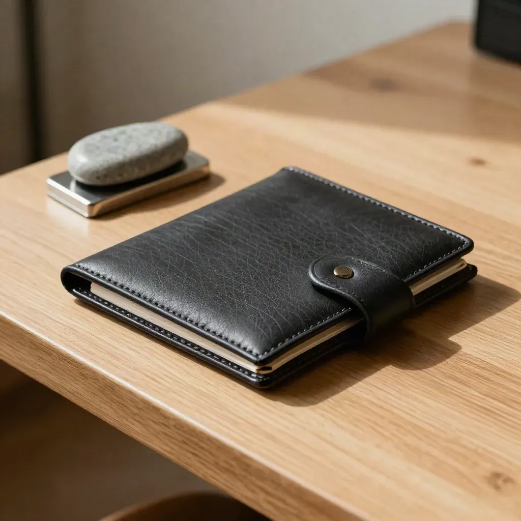 Charcoal leather wallet with chrome clip and stone paperweight on pale oak desk