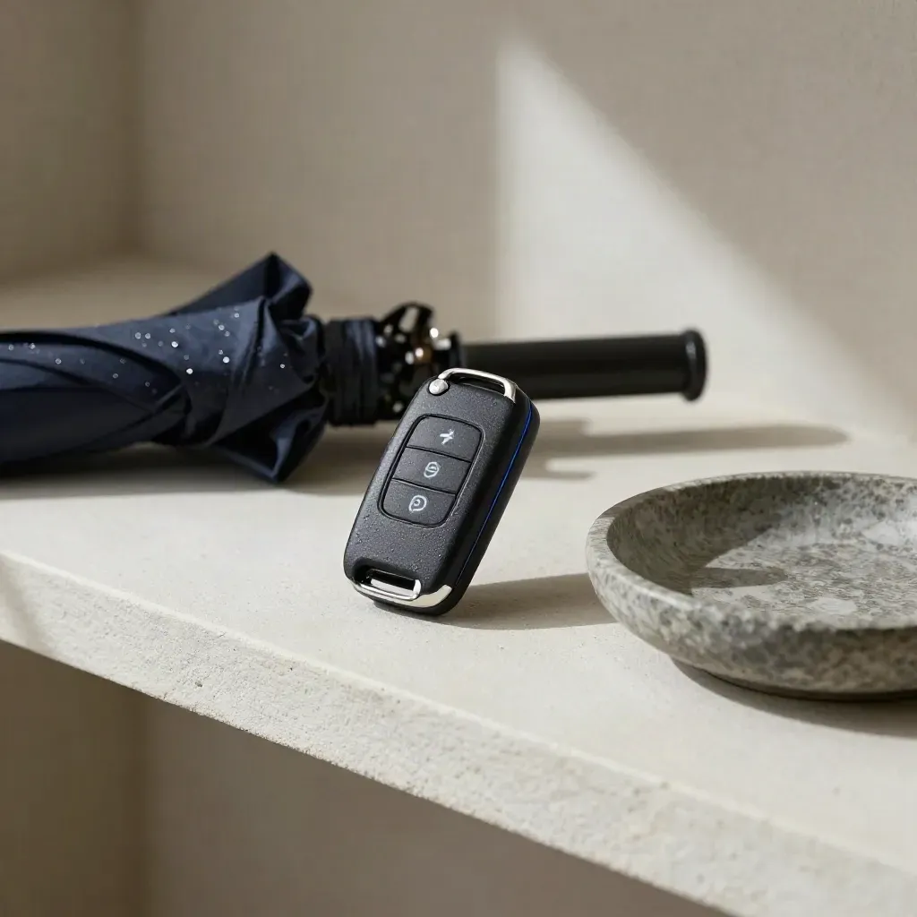 Dark SUV key fob beside a folded umbrella and stone dish on a plaster shelf