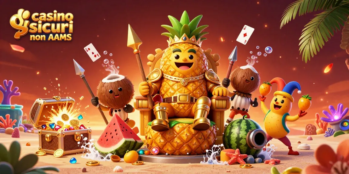 Gioca nei casino sicuri non AAMS con il re ananas dorato e guardie di cocco in un'illustrazione vibrante.
