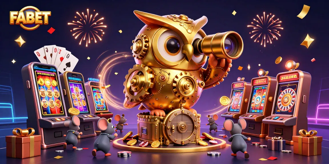 Engage with FABET's vibrant casino scene featuring a golden owl, celebrating games, and winning moments.
