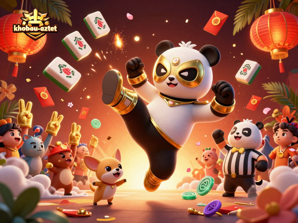 Experience dynamic action in khobau-aztec with a wrestler panda and vibrant casino elements