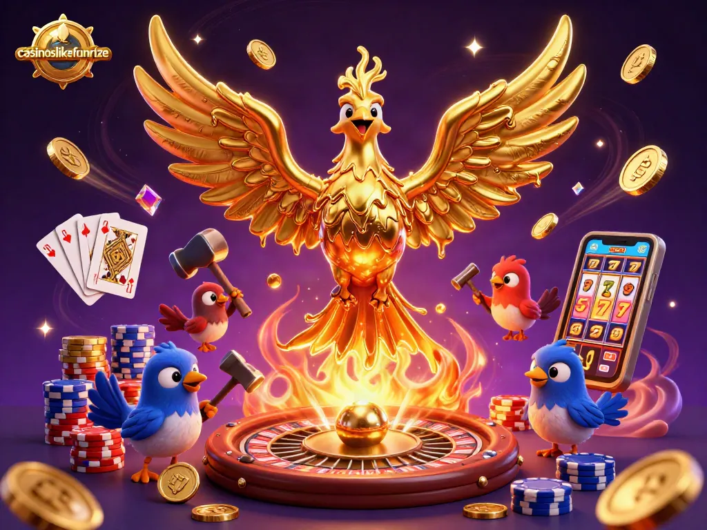 Experience the excitement of casinoslikefunrize with golden phoenix and dynamic game elements in an electrifying scene.