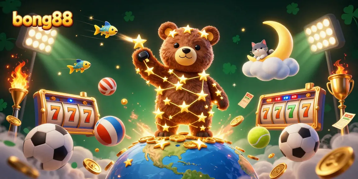bong88 showcases a vibrant 3D casino illustration filled with lucky symbols, slot reels, and a constellation bear.