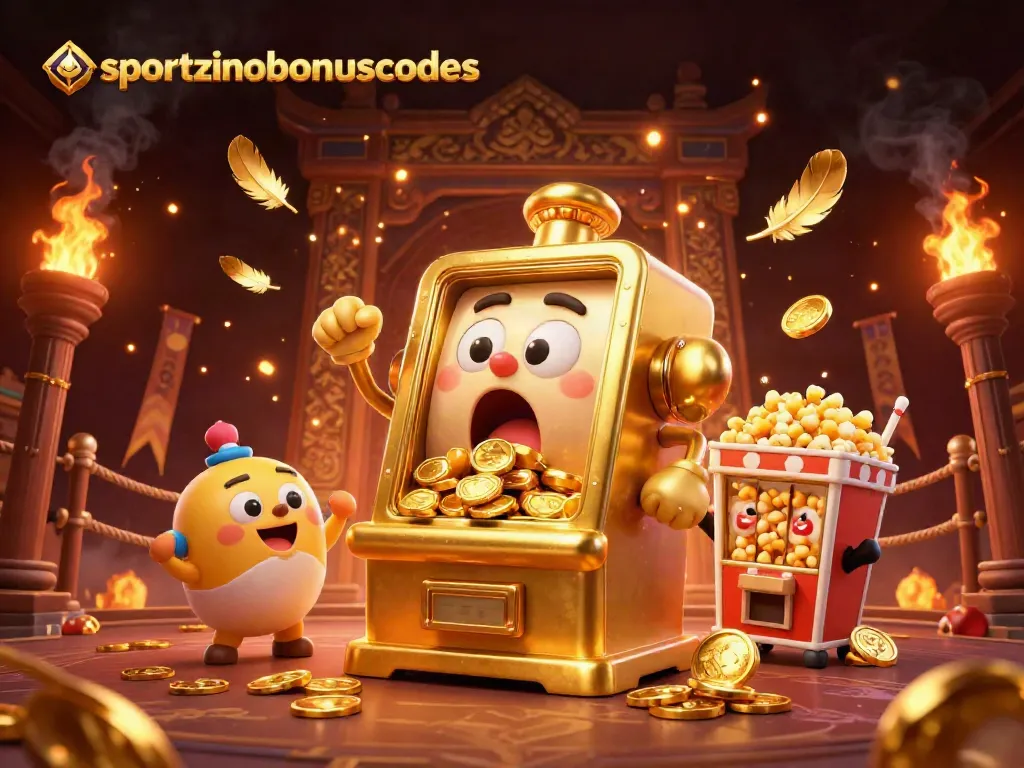 Sportzino Bonus Codes: Golden slot machine hitting a jackpot with cheering mini machines.