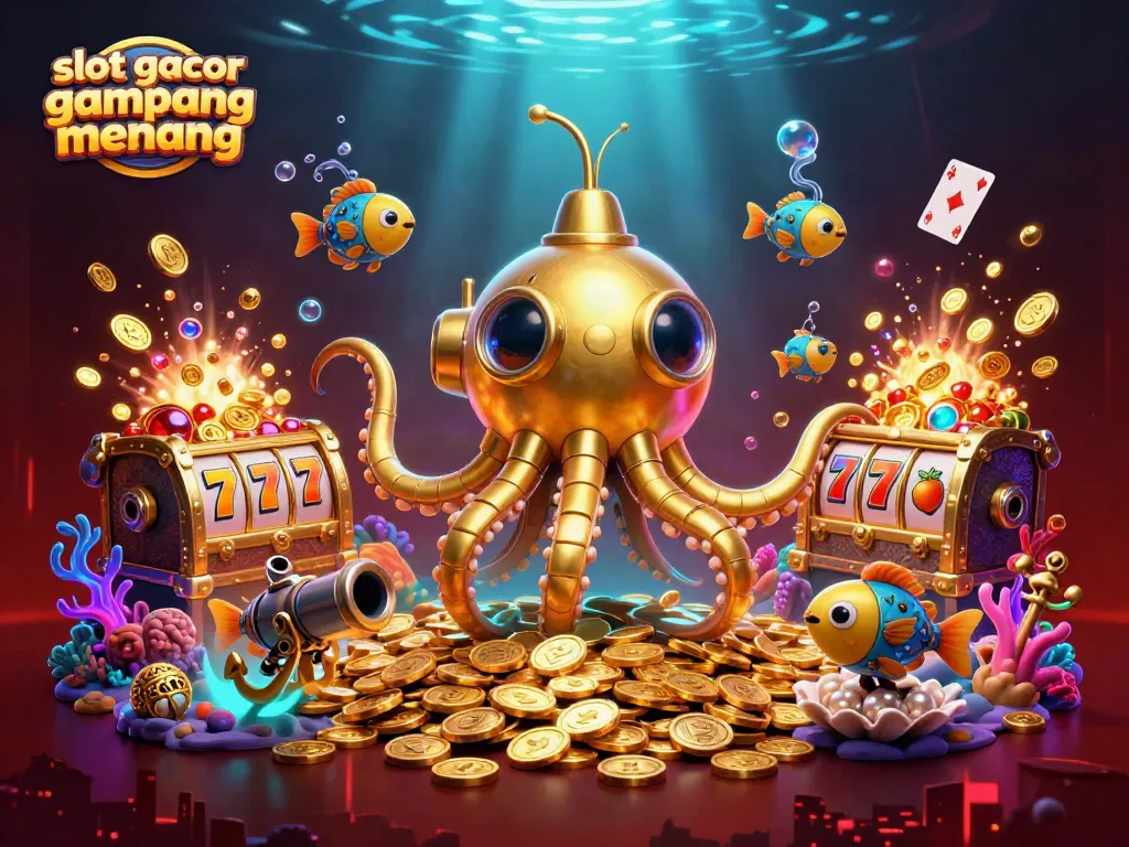 Experience the thrill with slot gacor gampang menang featuring a golden kraken submarine surrounded by gold coins and gaming elements.